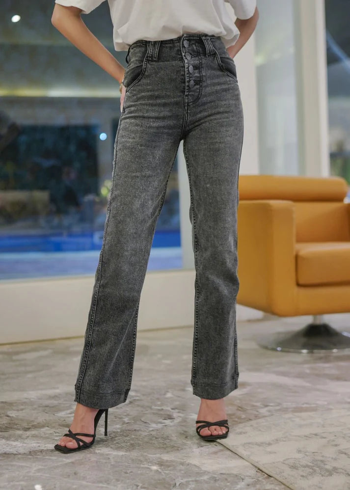 Grey Straight Button Jeans