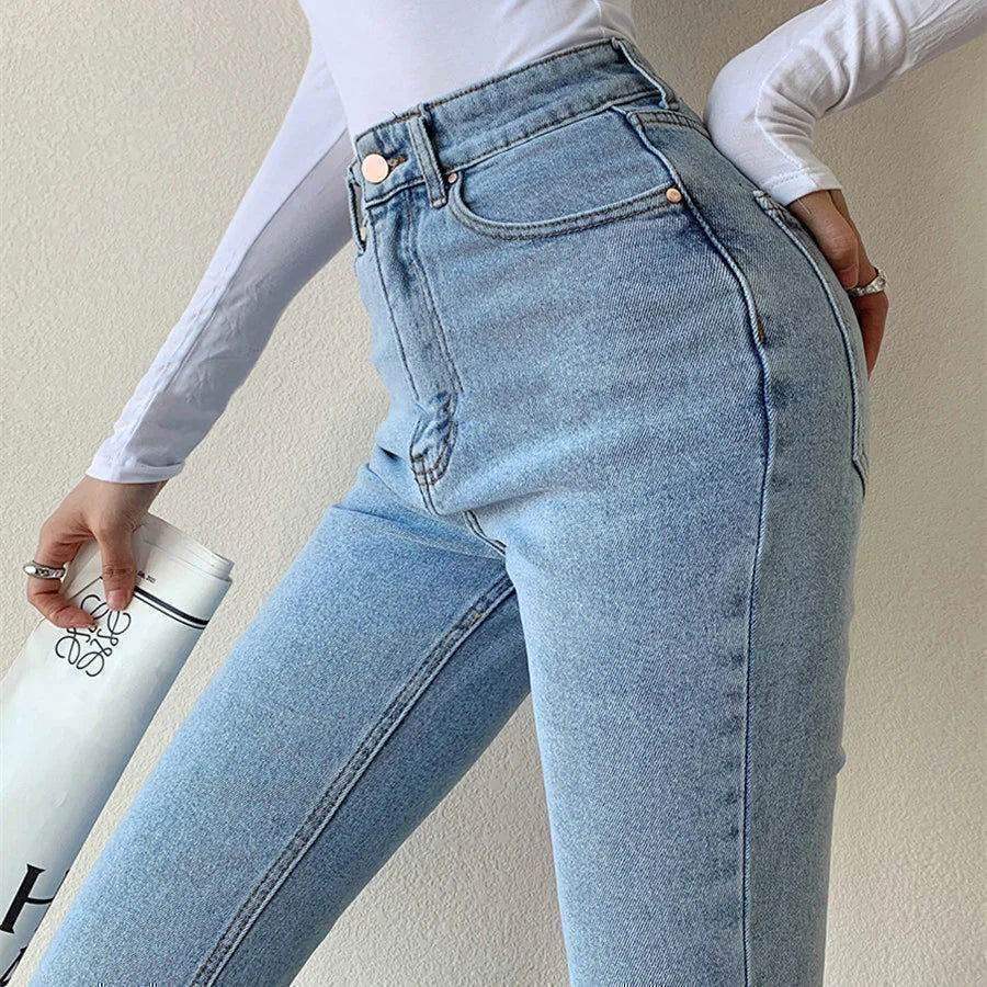 Bershka Light Blue High-Waisted Flare Jeans.