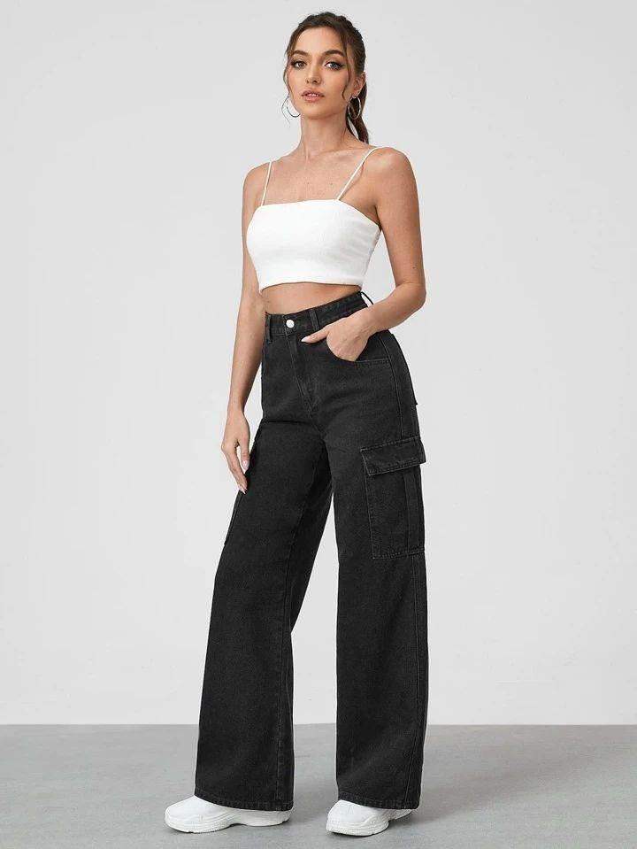 BERSHKA Faded Black Cargo Wideleg Jeans.