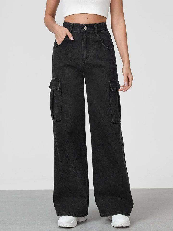 BERSHKA Faded Black Cargo Wideleg Jeans.