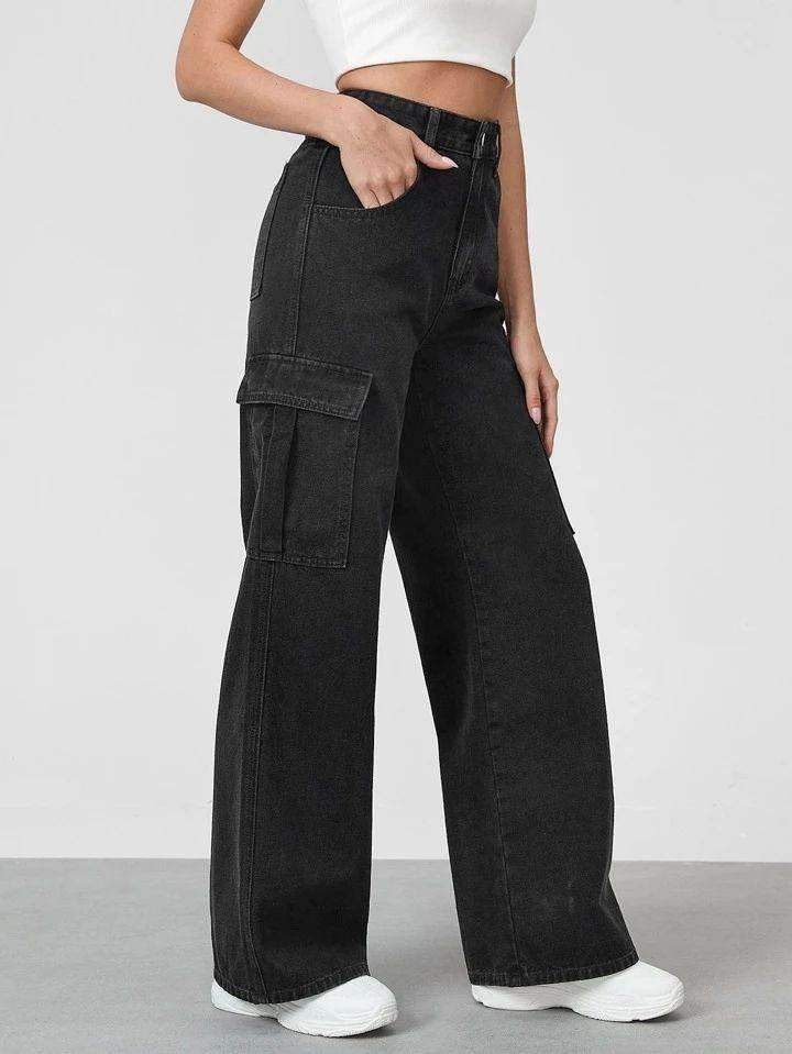 BERSHKA Faded Black Cargo Wideleg Jeans.