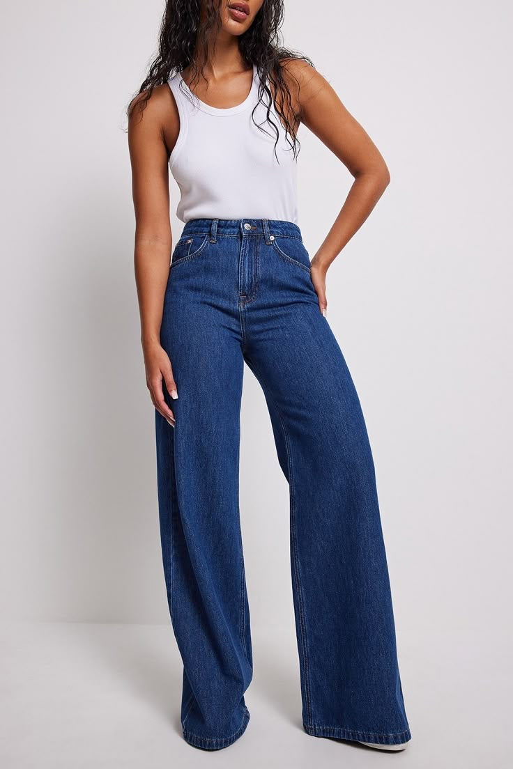 HM Dark Blue High Waisted Wide Leg Jeans
