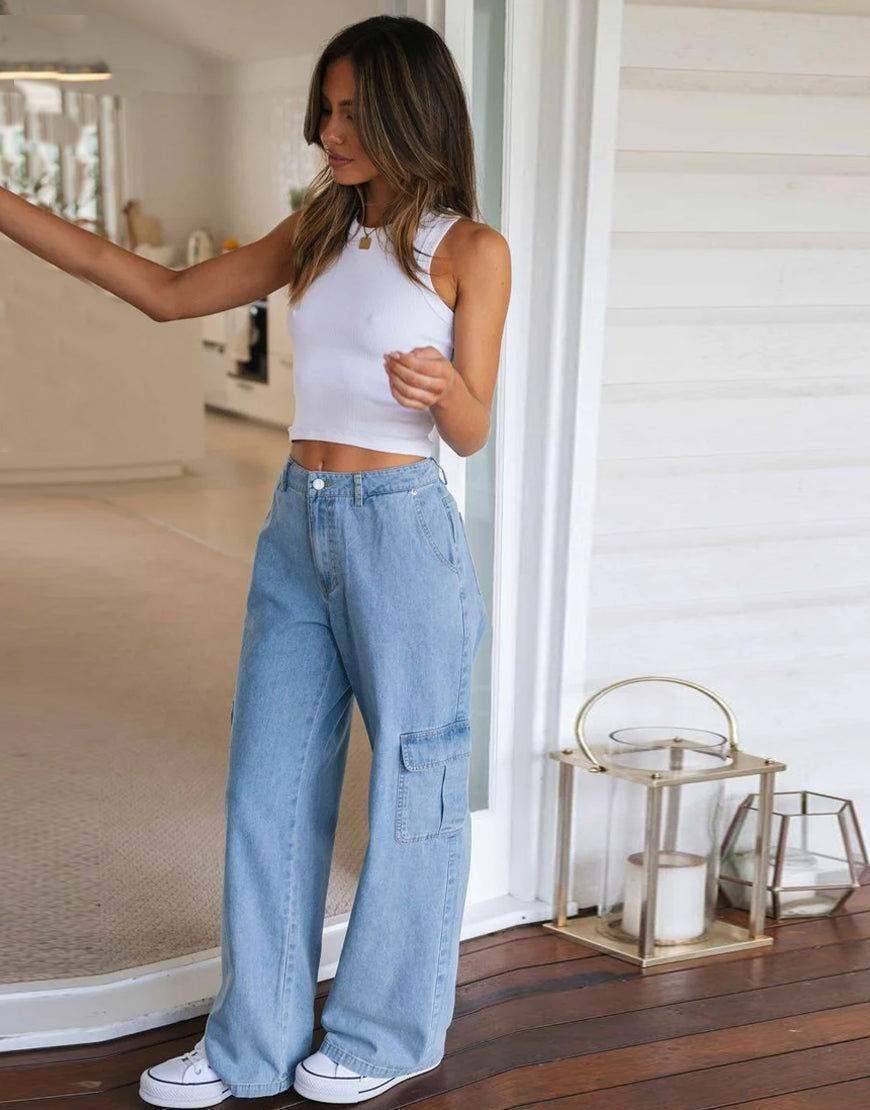 Bershka Light Blue High-Waisted Cargo Wide-Leg Jeans.