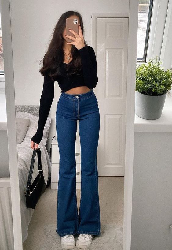 MNG Dark Blue high waisted flare jeans