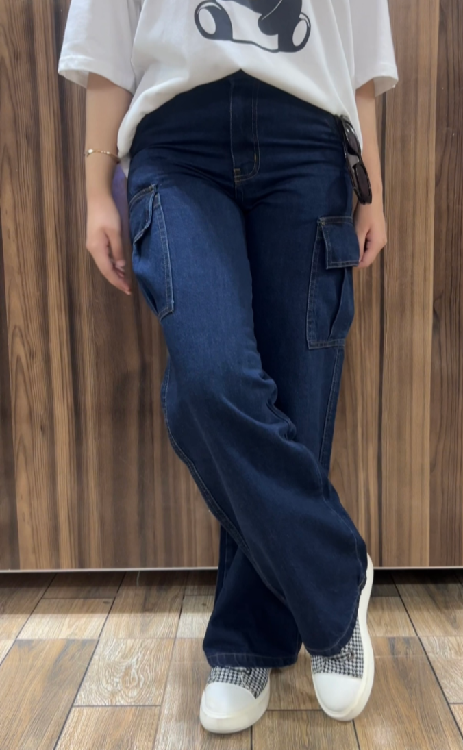 Mango Dark Blue Cargo Wide Leg jeans