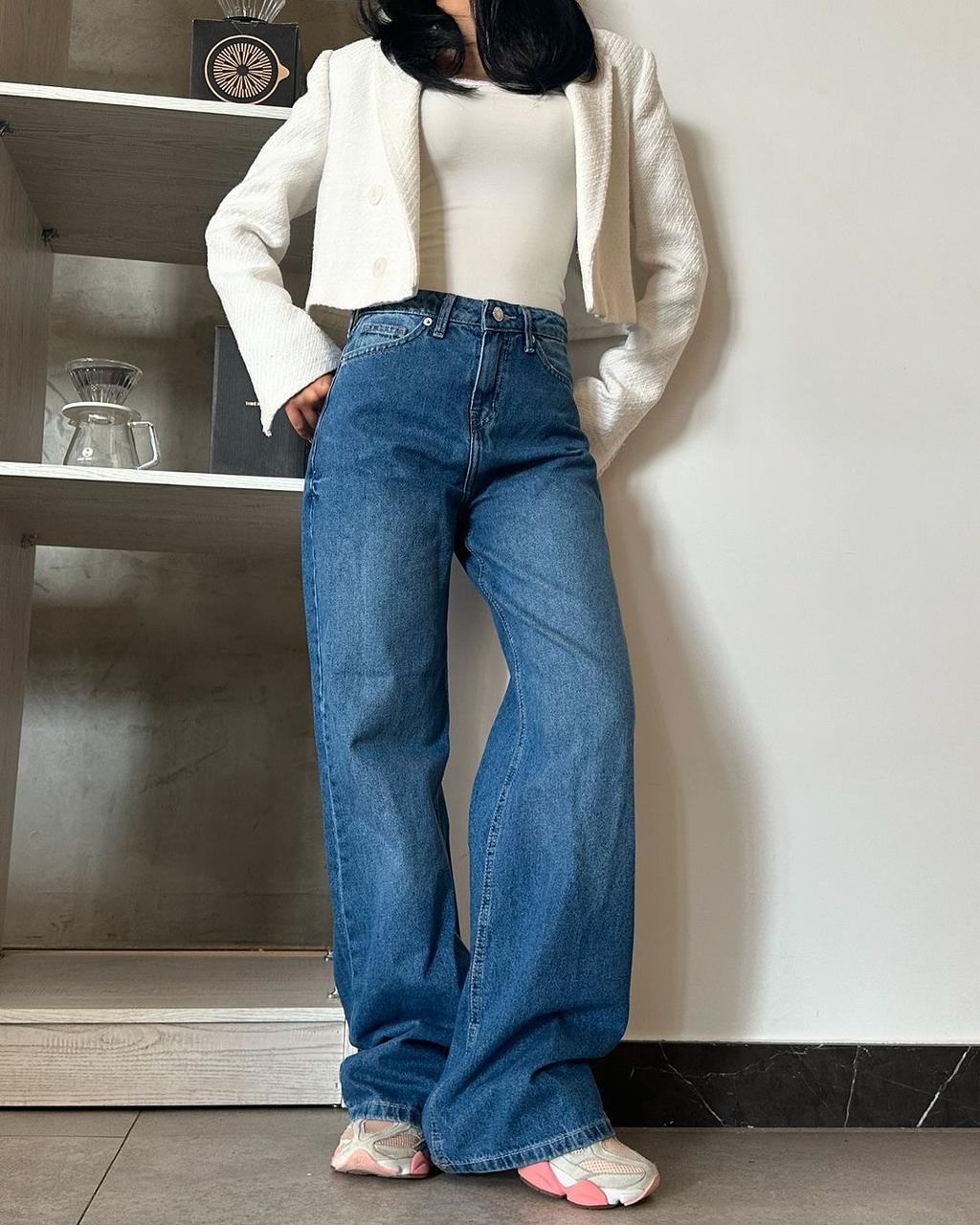 Mid Blue High Waisted Wide Leg Jeans