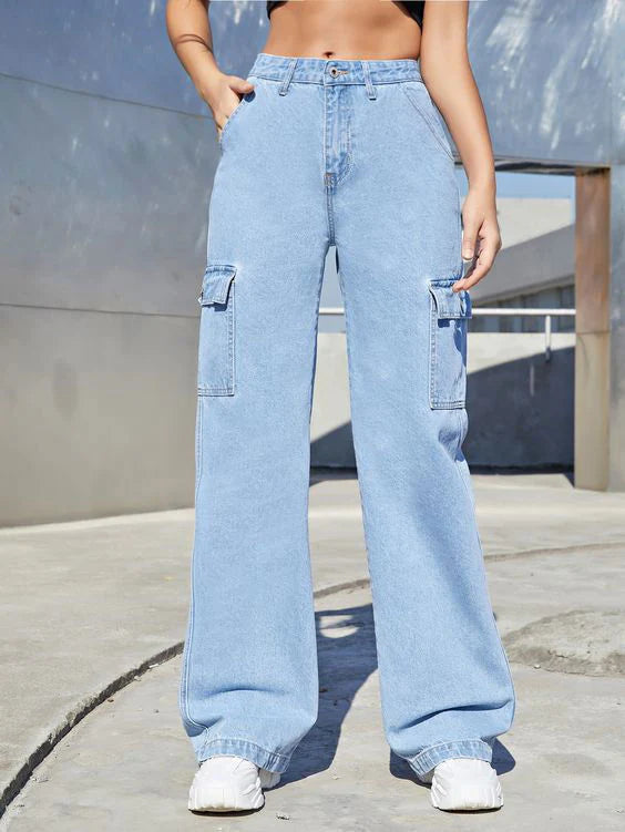 Mango Light Blue High Waisted Cargo Wide Leg jeans