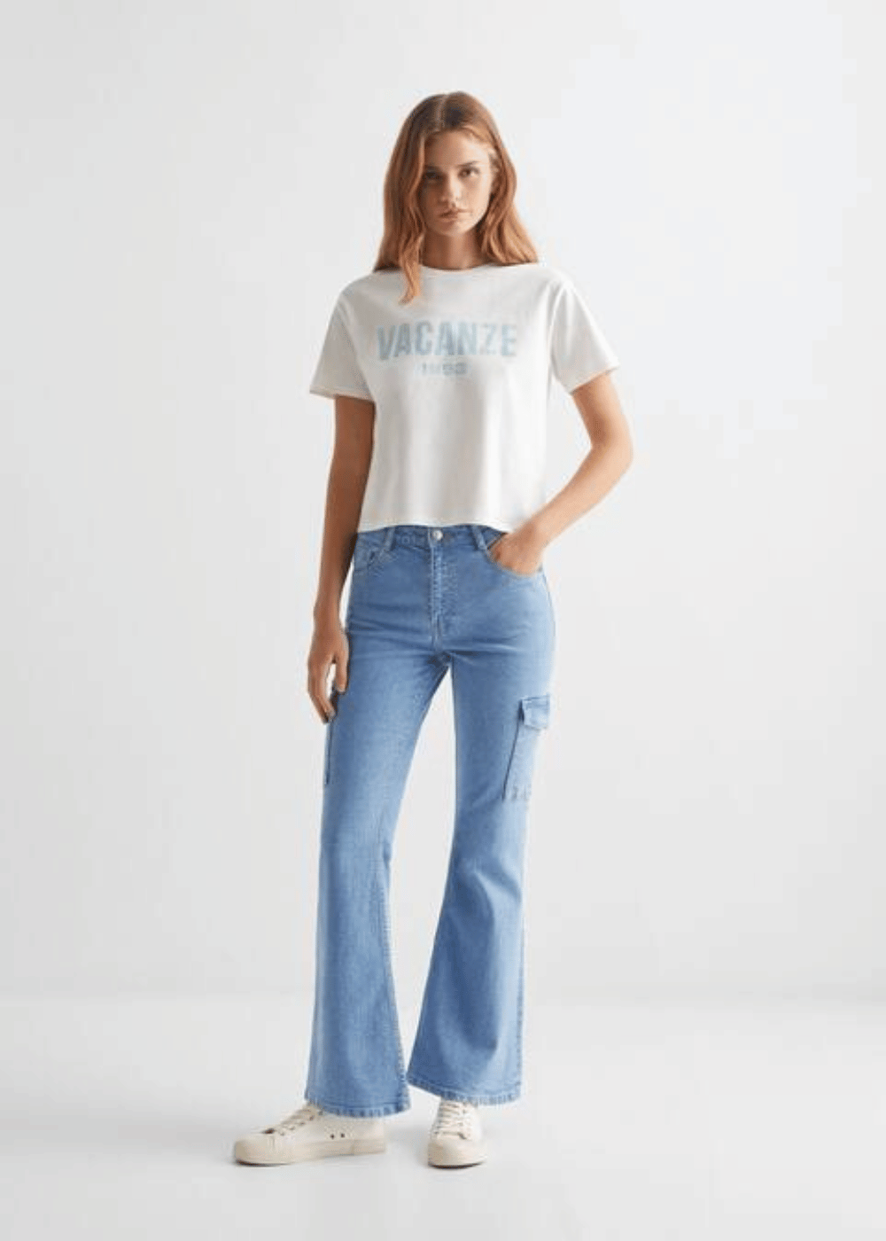 MNG Mid Blue high waisted flare cargo