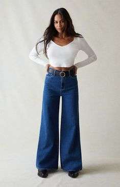 HM Dark Blue High Waisted Wide Leg Jeans