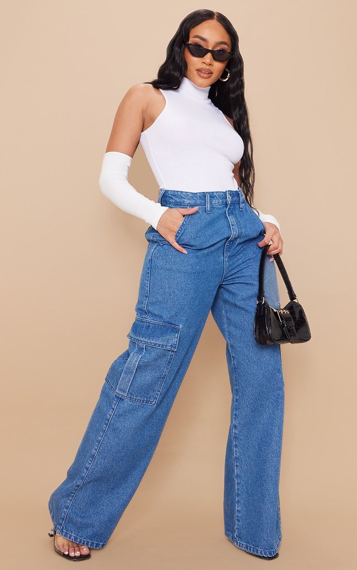 Mid Blue Cargo Wide Leg jeans