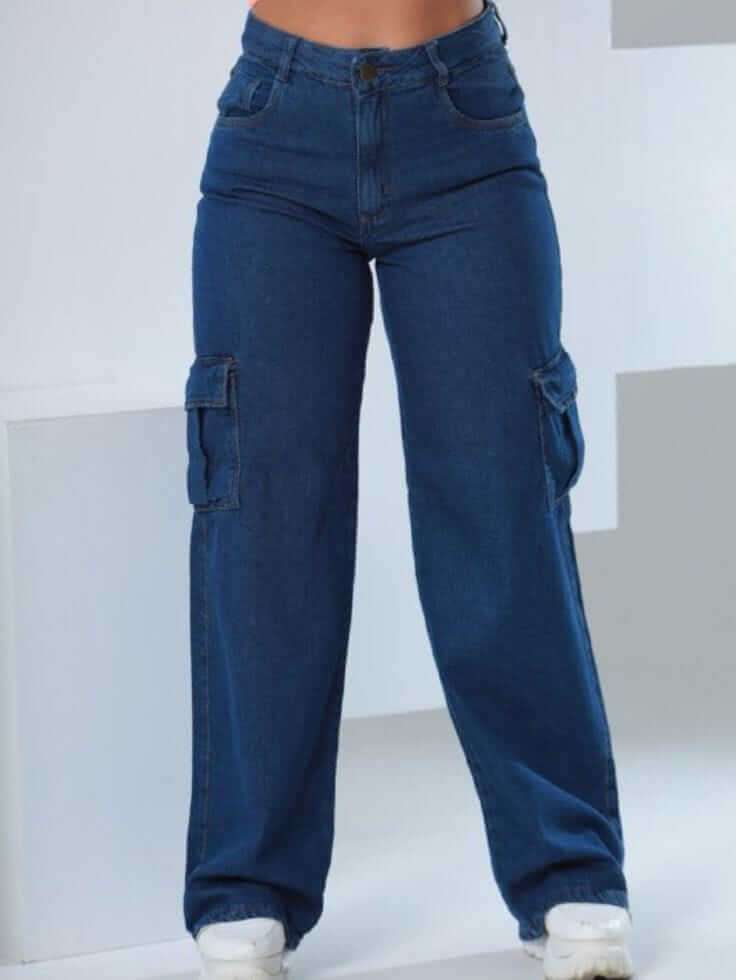 Mango Dark Blue Cargo Wide Leg jeans